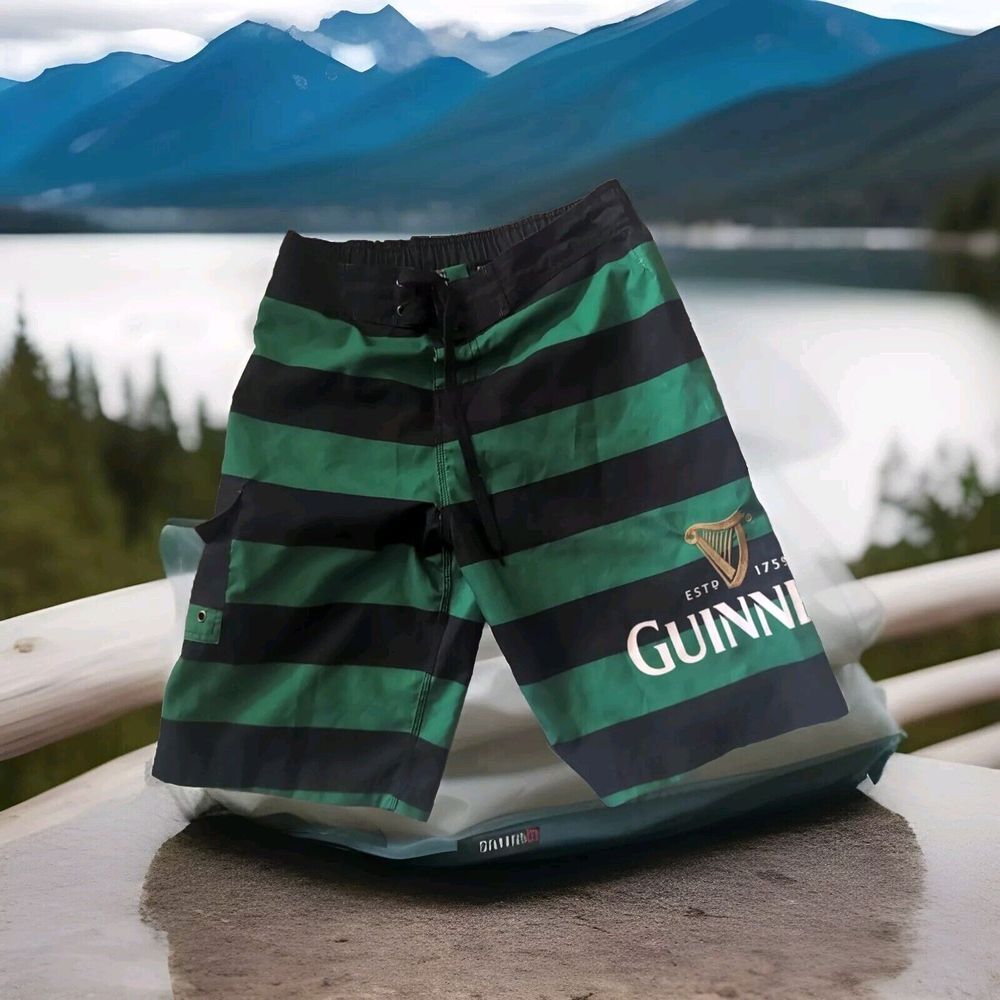 Guiness Beer Mens SM(30) Harp Logo Green‎ Blue Striped Boardshorts Swim Trunks